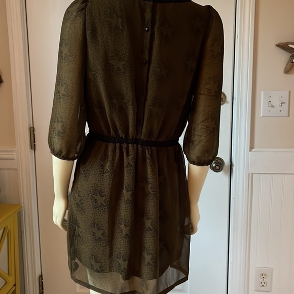 MISMASH Olive Green & Black Star Print Bohemian Drawstring Waist Dress M - Picture 4 of 12
